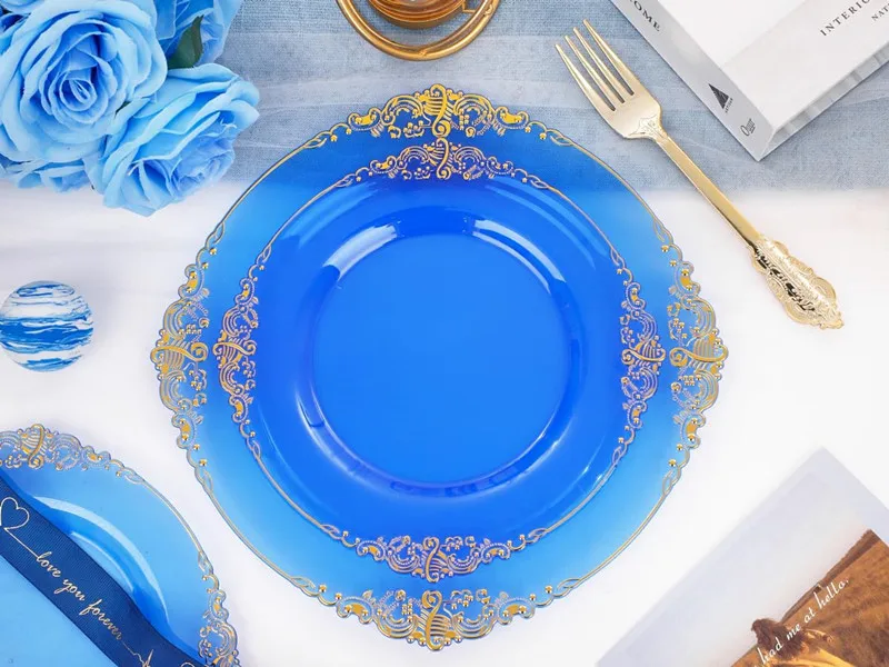 50pc Blue Plastic Plates Party Dinner Plates and Salad Dessert Combo Heavy Duty Plastic for Parties Wedding