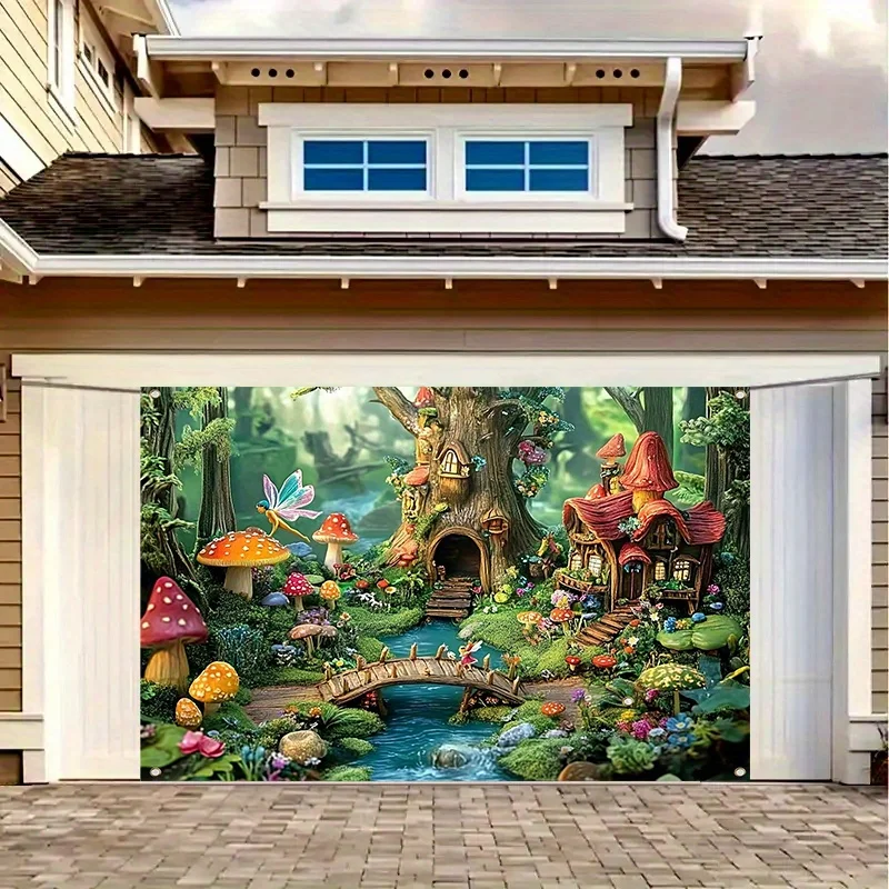 Ein magischer Pilzwälder-Polyester-Hintergrund, eine lebendige Märchenszene, perfekt für Frühlings- und Urlaubspartys – Detail 6