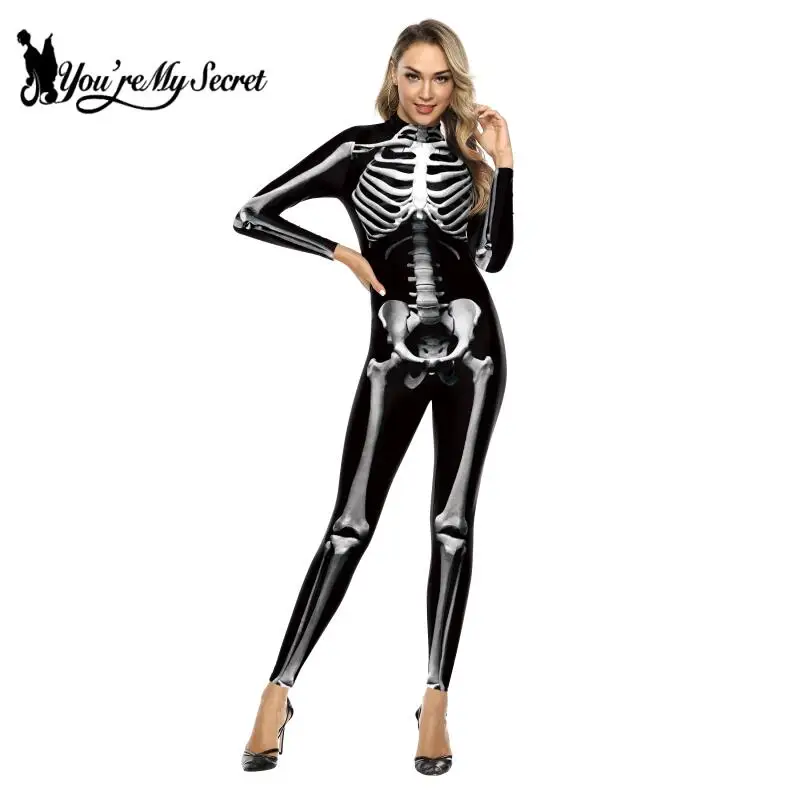 Cosplay Costume Women Romper Jumpsuit Adult Unitard [You're My Secret] Halloween Skeleton Costume Bodysuit 3D Stretch Skinny Jumpsuit Womens Rompers Party Zentai Outfit Catsuit