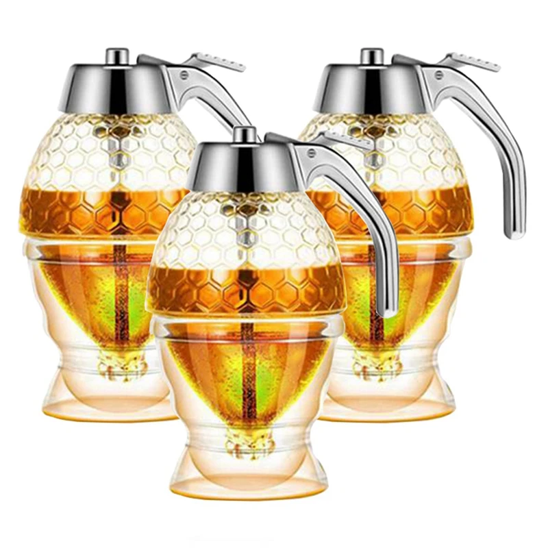 ABXF-Honey Dispenser, No Drip Syrup Container With Stand, Beautiful Honeycomb Shaped Honey Pot, Syrup Sugar Container, 3 Pack