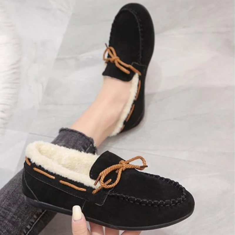 Winter Shoes Women Casual Flat Shoes Women's Moccasins Soft Loafers Fashion Comfort Warm Plush Bow Slip on Female Cotton