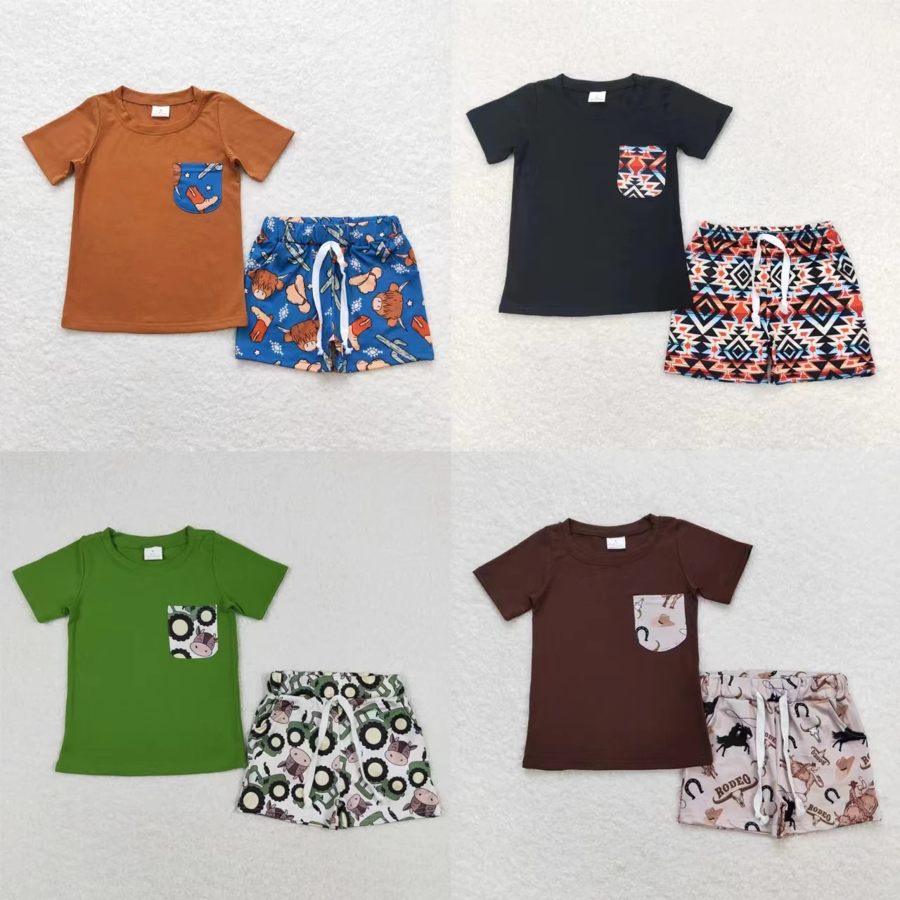 

Wholesale Summer Children Short Sleeves Western T-shirts Tee Pocket Shorts Set Cow Horse Tractor Clothes Toddler Baby Boy Outfit