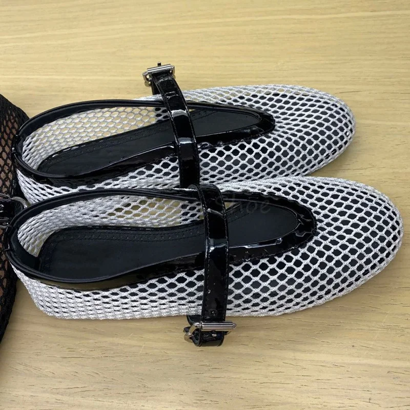 Round Toe Fish Mesh Hollowed Out Ballet Shoes for Women's Summer New Flat Bottomed Belt Buckle Single Shoes Brand Design