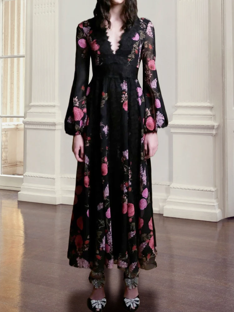 

Women's Summer Dress 2024 New Fashion Chiffon Long-Sleeved Black Print Slim V-Neck Lace Side Long Dress Free Shipping