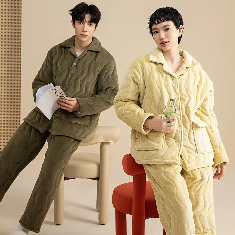 

Winter Thicken Couples Pajamas Set Sleepwear Solid Cardigan Women Men Three-layer Fleece Pyjamas Nightgown pijamas para parejas