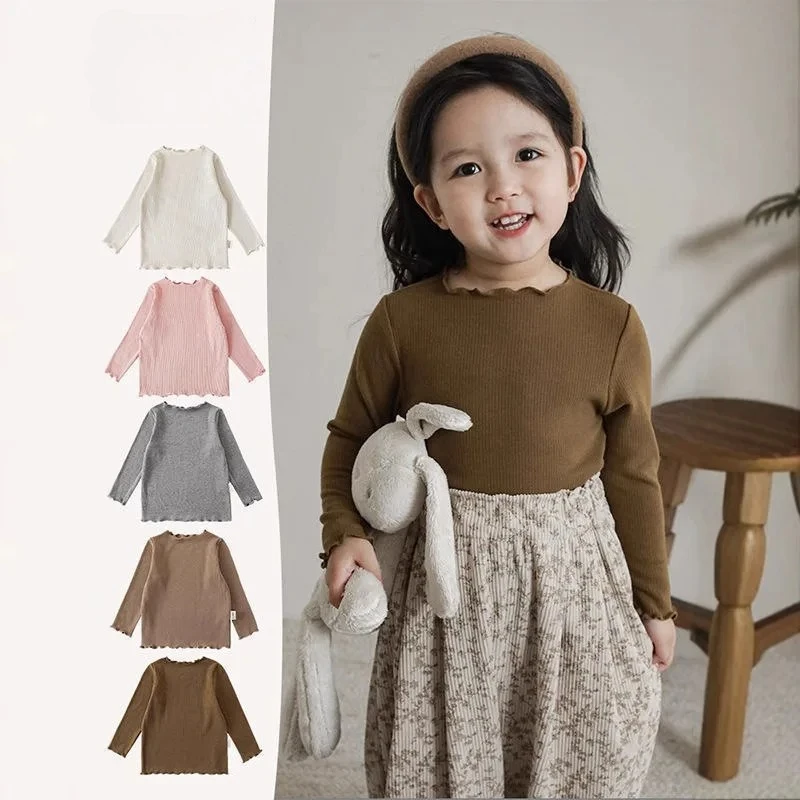 Langarmoberteil für Mädchen im koreanischen Stil – weicher Stretchstrick mit Spitzenbesatz, Kaschmir-Feeling-Schicht für Kinderkleidung im Frühling und Herbst