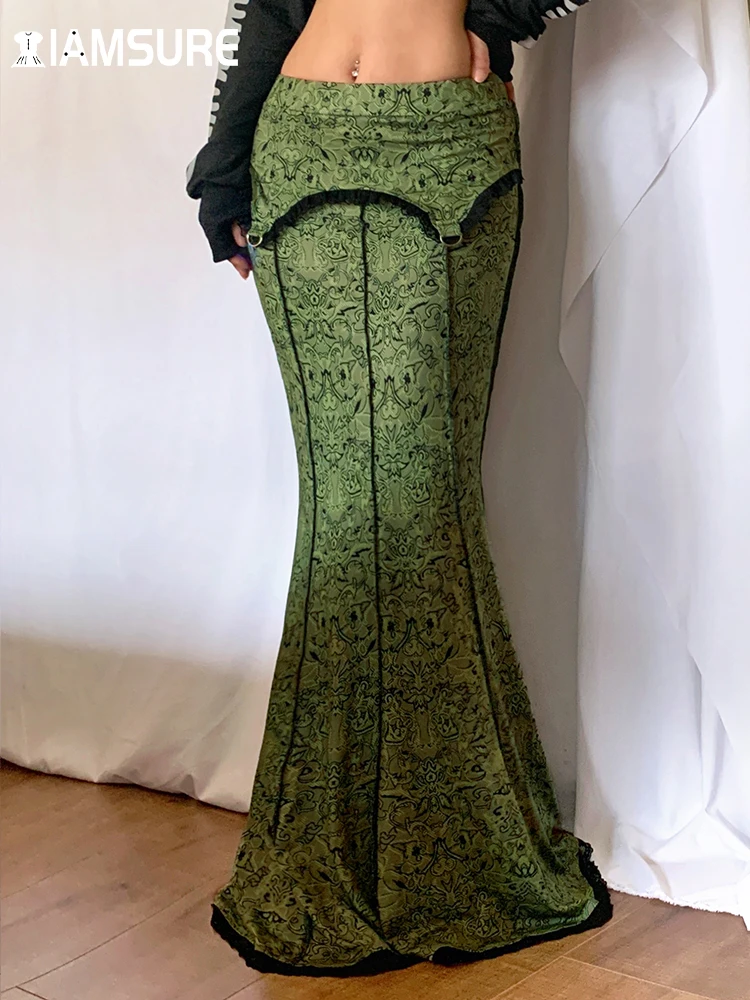 IAMSURE Vintage Printed Lace Trim Mermaid Skirt Grunge