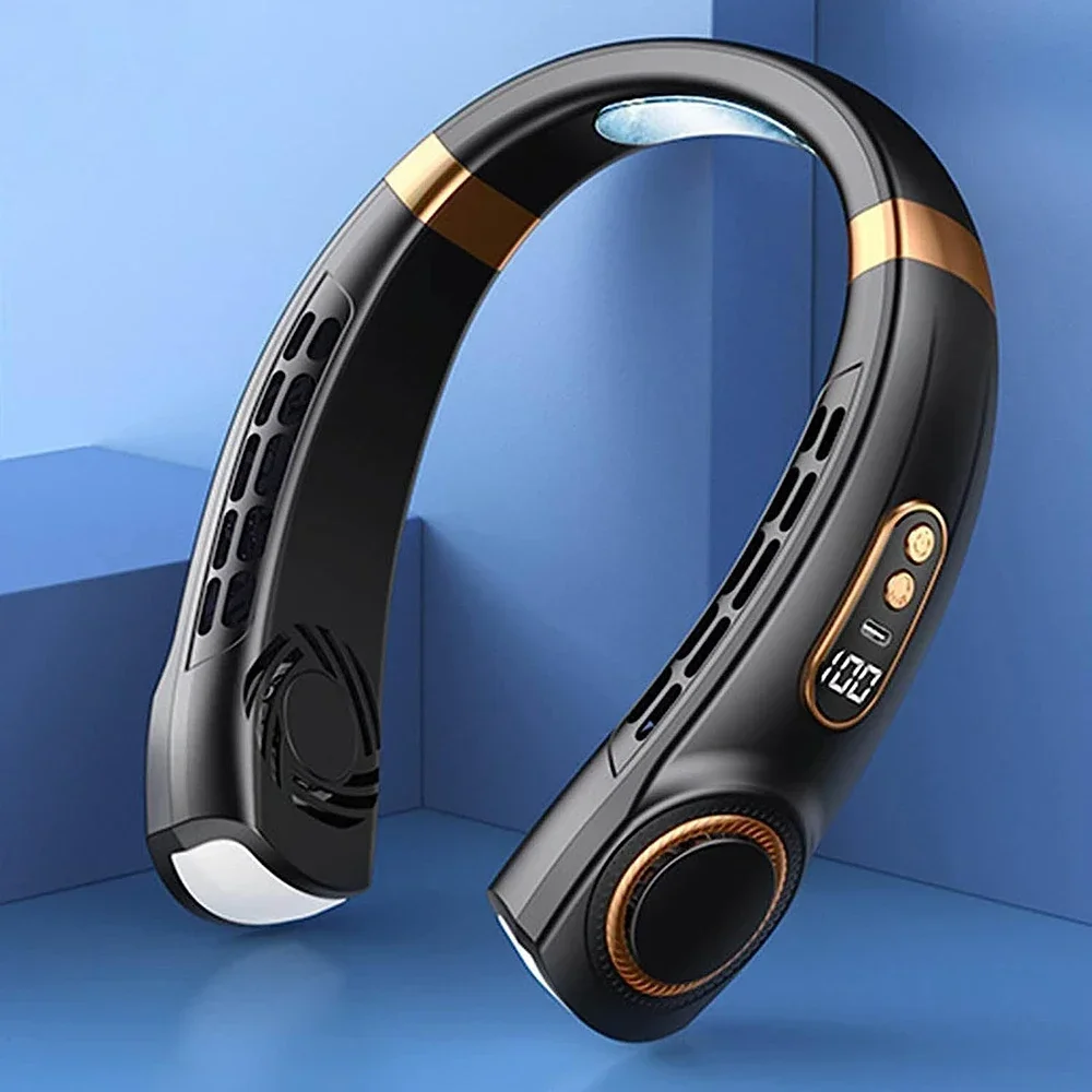 2025 nouveau ventilateur de cou Portable USB muet LED affichage numérique sans feuilles Mini ventilateur électrique lumières d'ambiance colorées 5ème vitesse