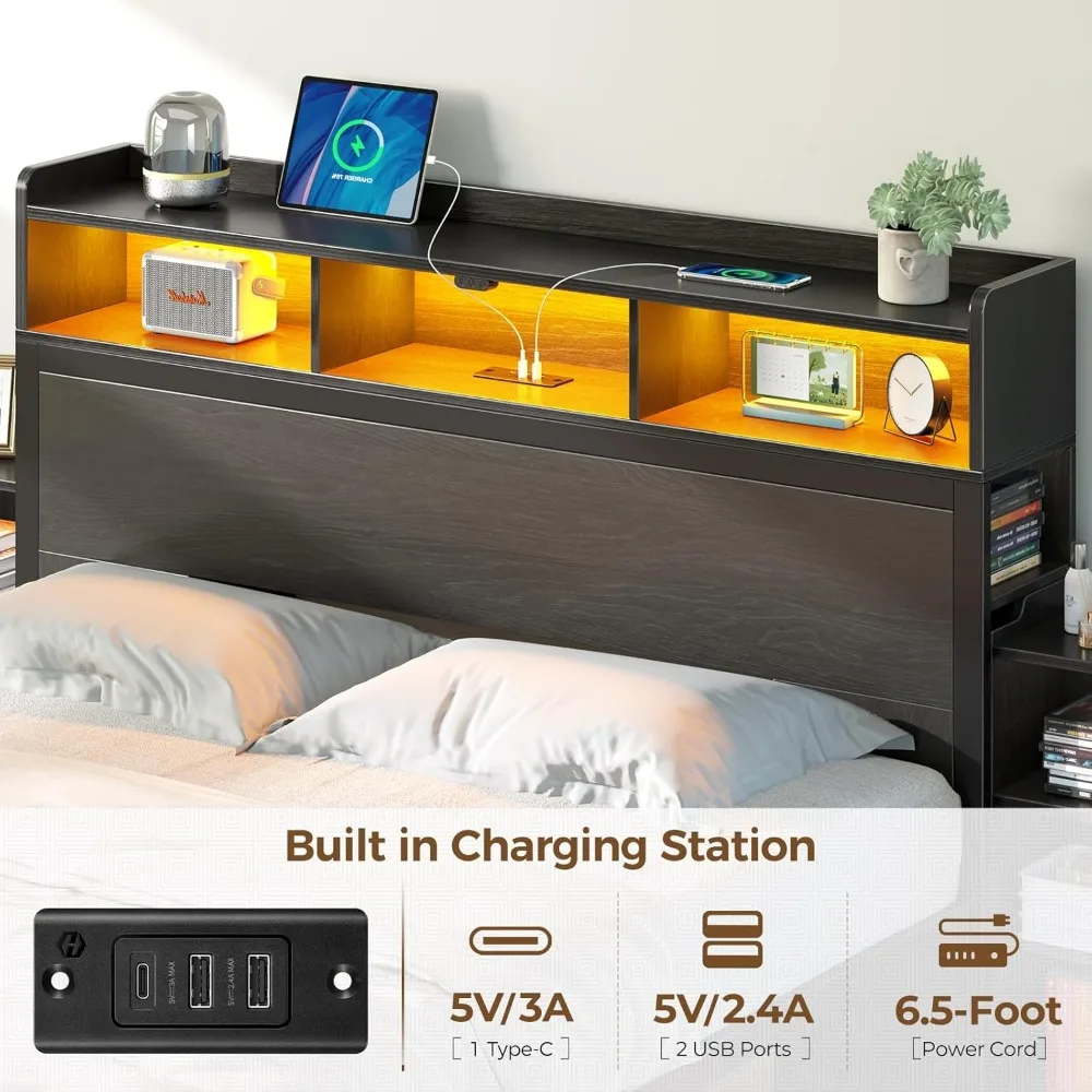 Bed Frame Full Size with Storage Headboard, Slide Out Bedside Storage, Beds with Charging Station & LED Lights, Full Bed Frame 6