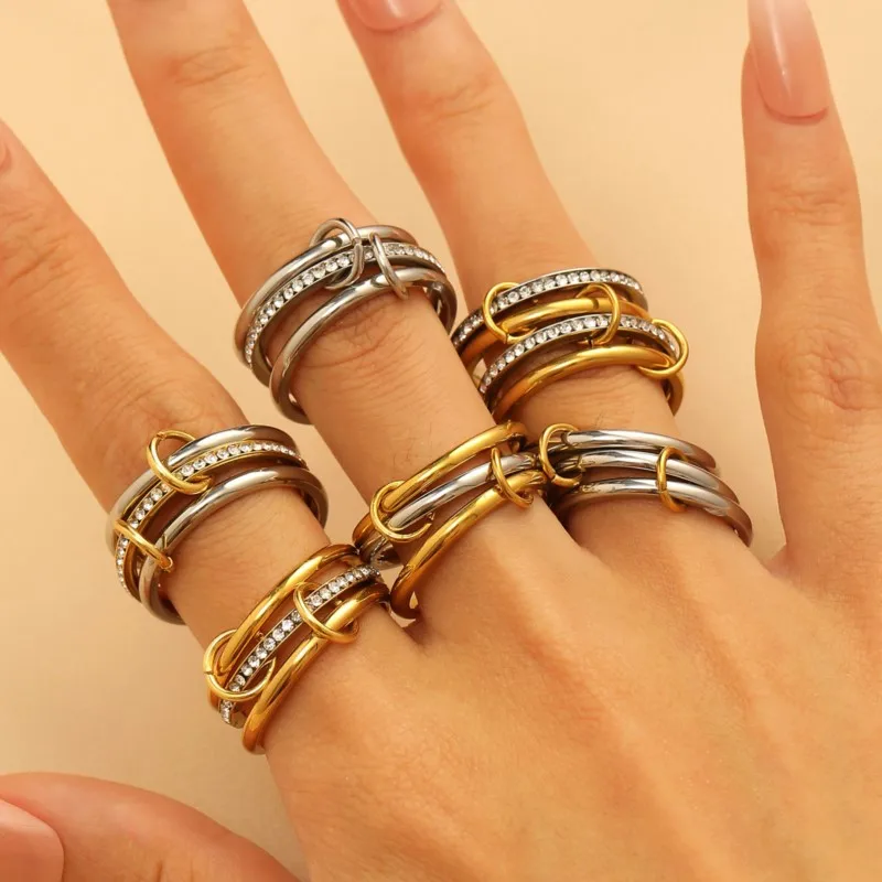 316L Stainless Steel Mixed Color Inlaid Zircon Stacked Ring for Women Vinatge Elegant Waterproof Rings Party Jewelry Gifts