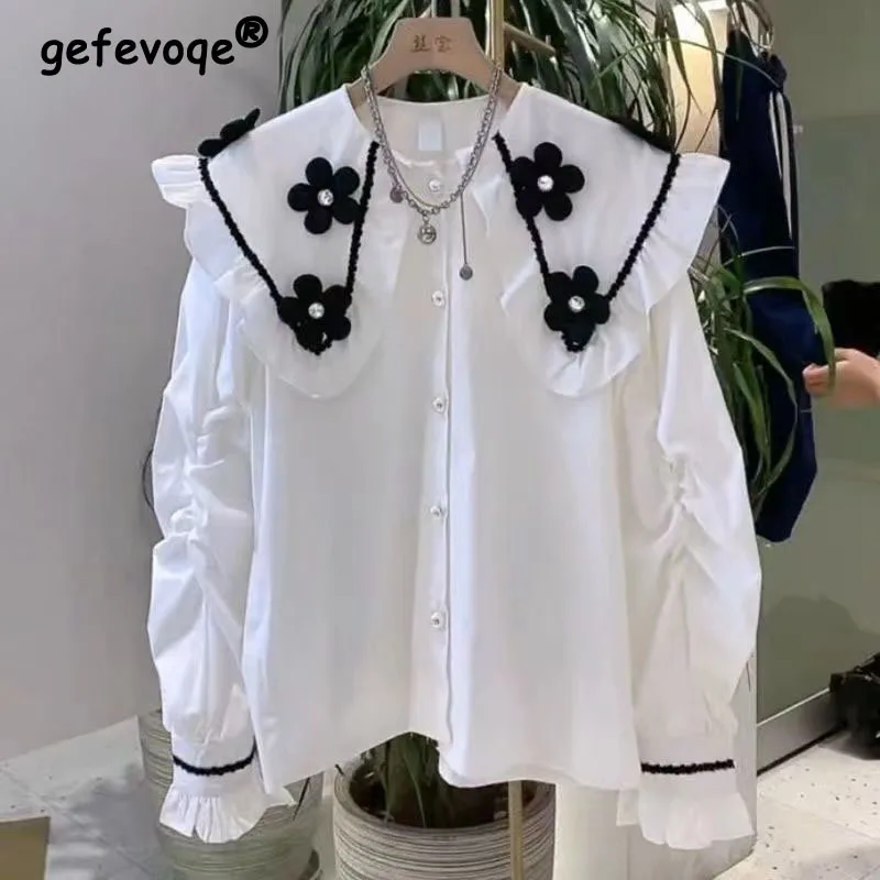 Women Peter Pan Collar Single Breasted Long Sleeve Casual Flowers Shirt Female Spring 2022 Korean Girl Chic Ruffles Sweet Blouse women s jumpsuit shorts 2023 spring new fashionable and sexy suspender floral print cowl neck layered ruffles romper spicy girl