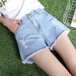 Shorts Women Light Color Denim Shorts Women's High Waist Summer Loose Hole Straight Shorts Ropa Mujer