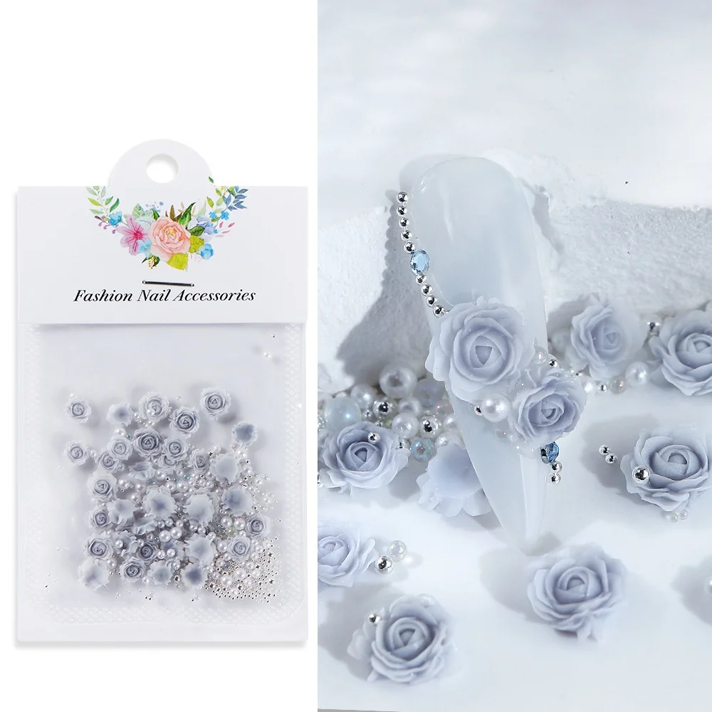 30-Piece Pink Rose 3D Nail Rhinestone and Pearl Charms Set