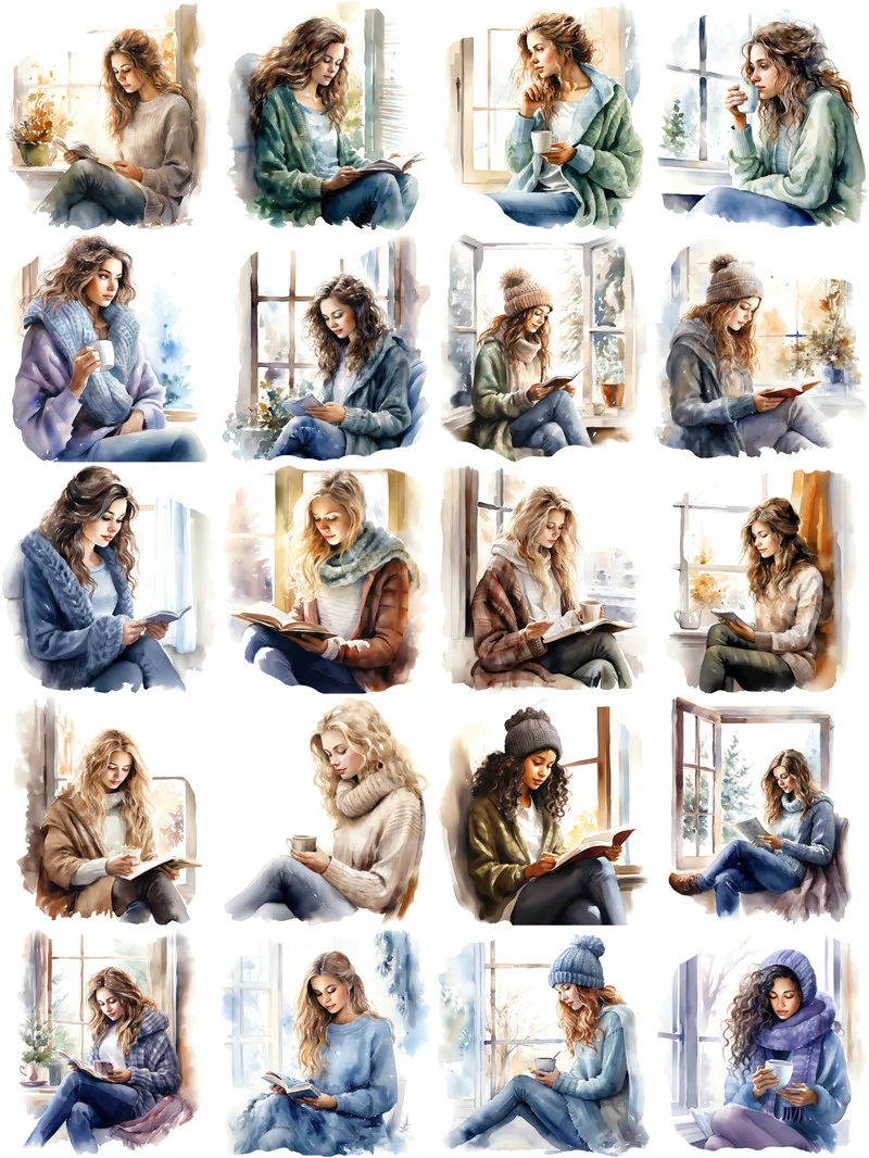 창 옆에서 독서하는 소녀 스티커 공예품 및 스크랩북 스티커 어린이 장난감 책 장식 스티커 DIY 편지지