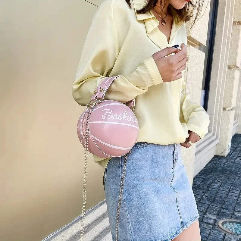 Shoulder Bag Women PU Leather Chain Basketball Letter Print Teenagers Handbag Crossbody