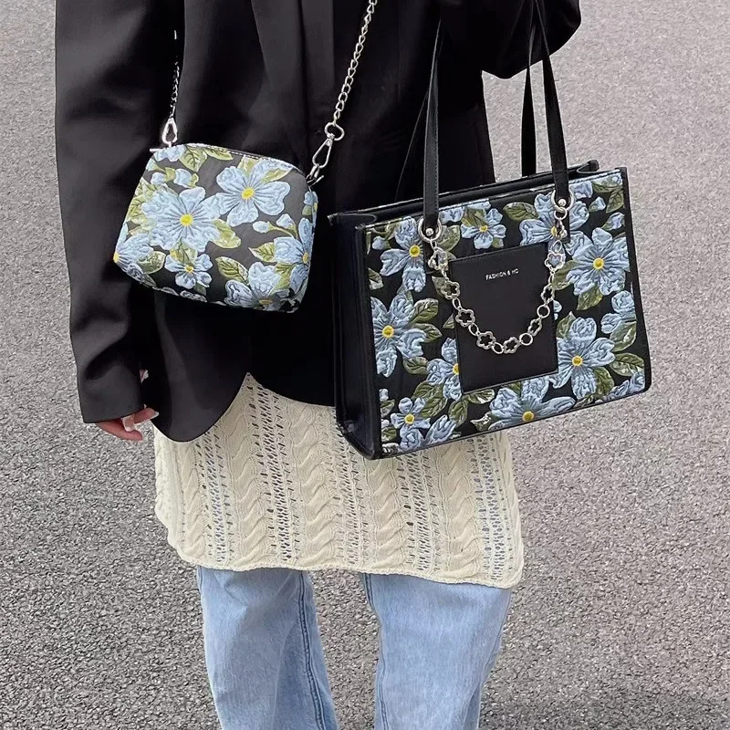 

Женская сумка-тоут с голубым принтом, вместительная сумка на плечо для поездок, лето 2024