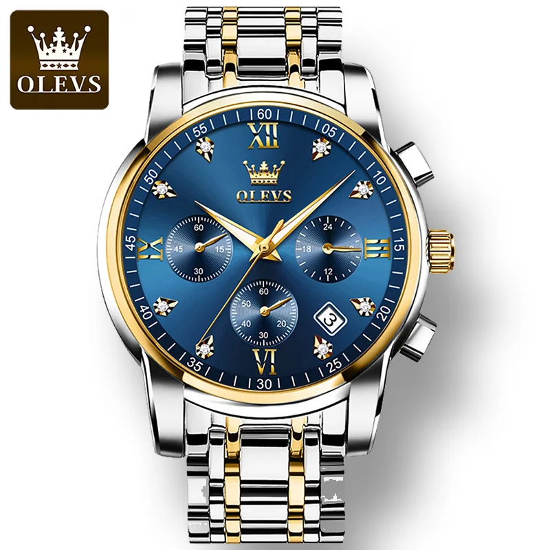 

Olevs Top Brand Full Stainless Steel Quartz Watches For Men Multifunctional Three-eye Business Waterproof Wristwatches Calendar