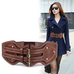Double Buckle Elastic Wide Waist Belt High Quality PU Leather Female Overcoat Down Jackets Dress Belt for Women Waistband