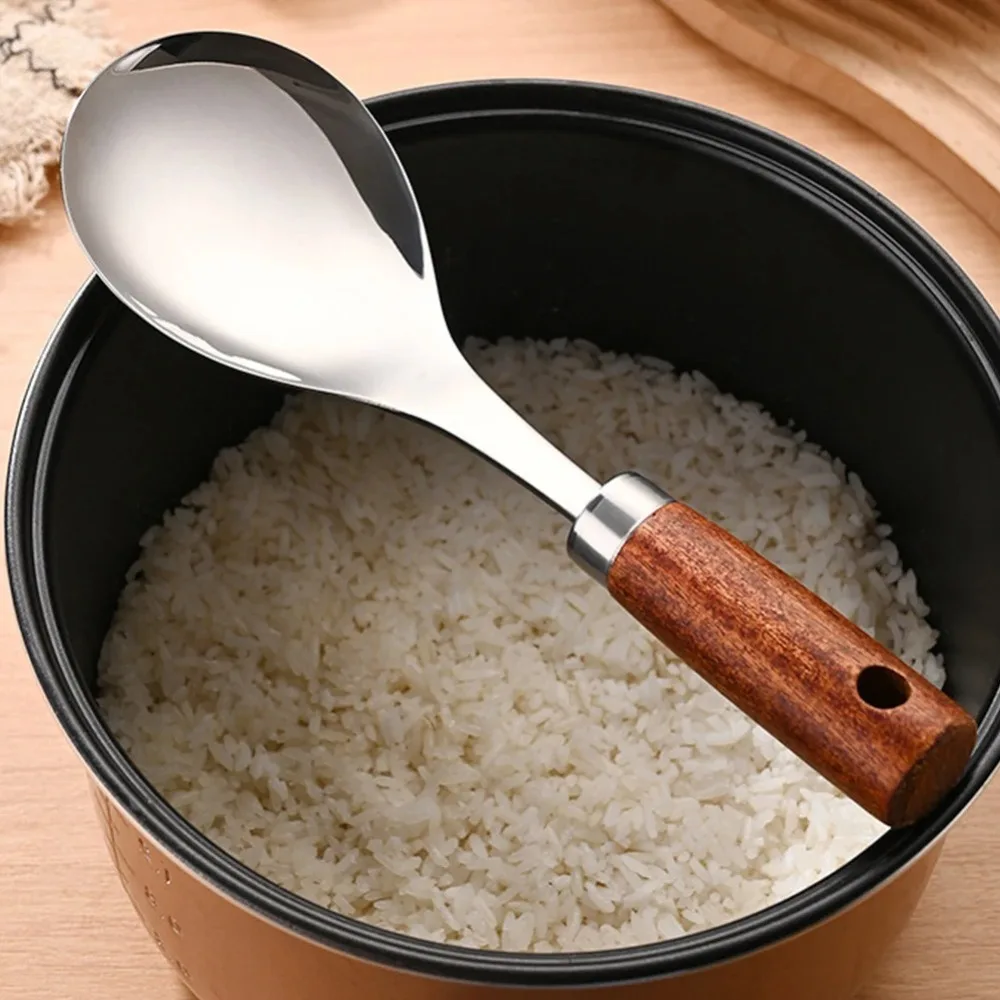 Stainless Steel Rice Spoon Thickened Heat-resistant Anti-Stick Rice Spoon Easy To Clean Wood Handle Shovel Kitchen Gadgets