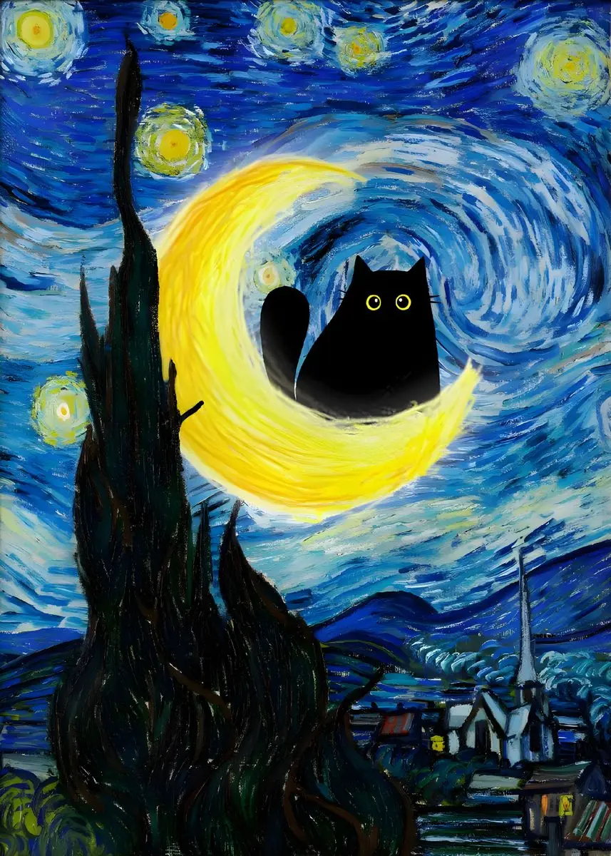 Funny Black Cat Wall Art - Van Gogh Starry Night Inspired Canvas Painting, 8x10 Inches, Framed