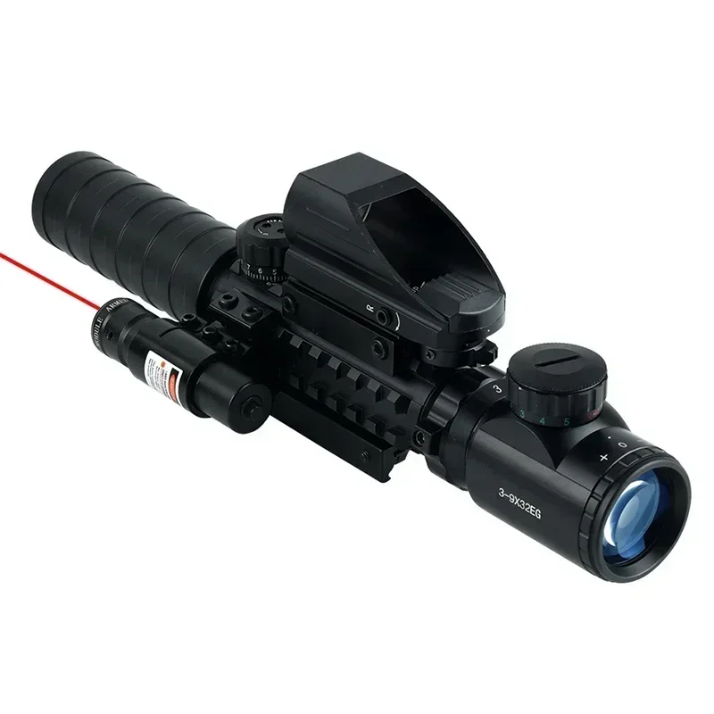 3-9x32 Tactical Red/Green Reticle Riflescope Red Laser Combo Scope Reflex Holographic Dot Sight Hunting Shooting Optical