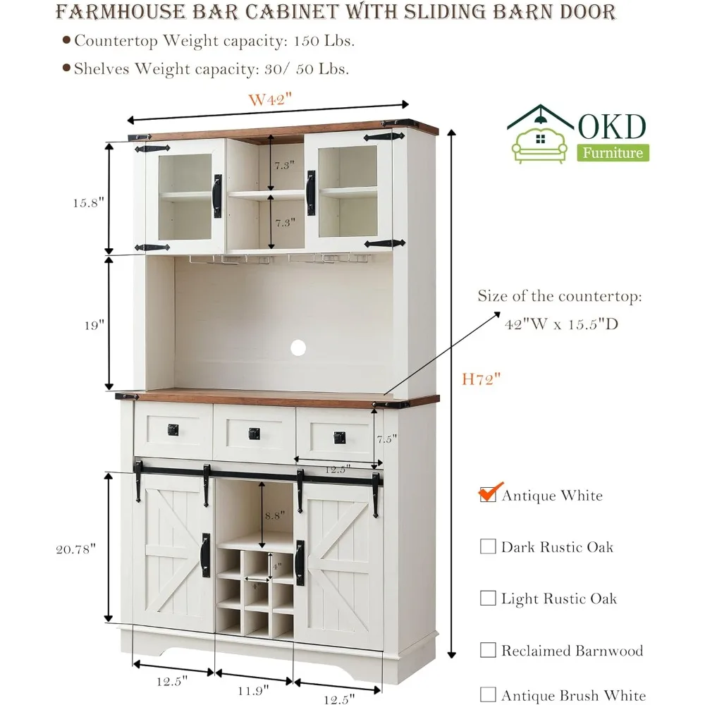 72" Farmhosue Bar Cabinet with Sliding Barn Door, Large Kitchen Buffet with Hutch W/Wine & Glasses Rack, 3 Drawers