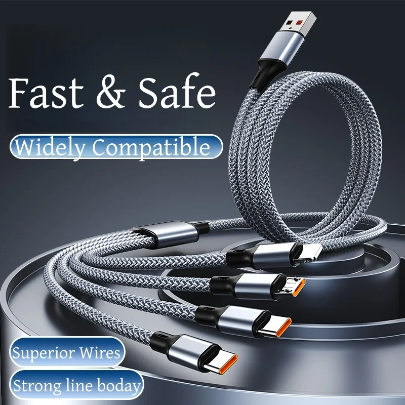 4-in-1 브레이드 나일론 데이터 케이블: USB-A에서 4개의 USB-C 포트로 연결된 고속 충전 케이블로 여러 기기 동시 사용 가능