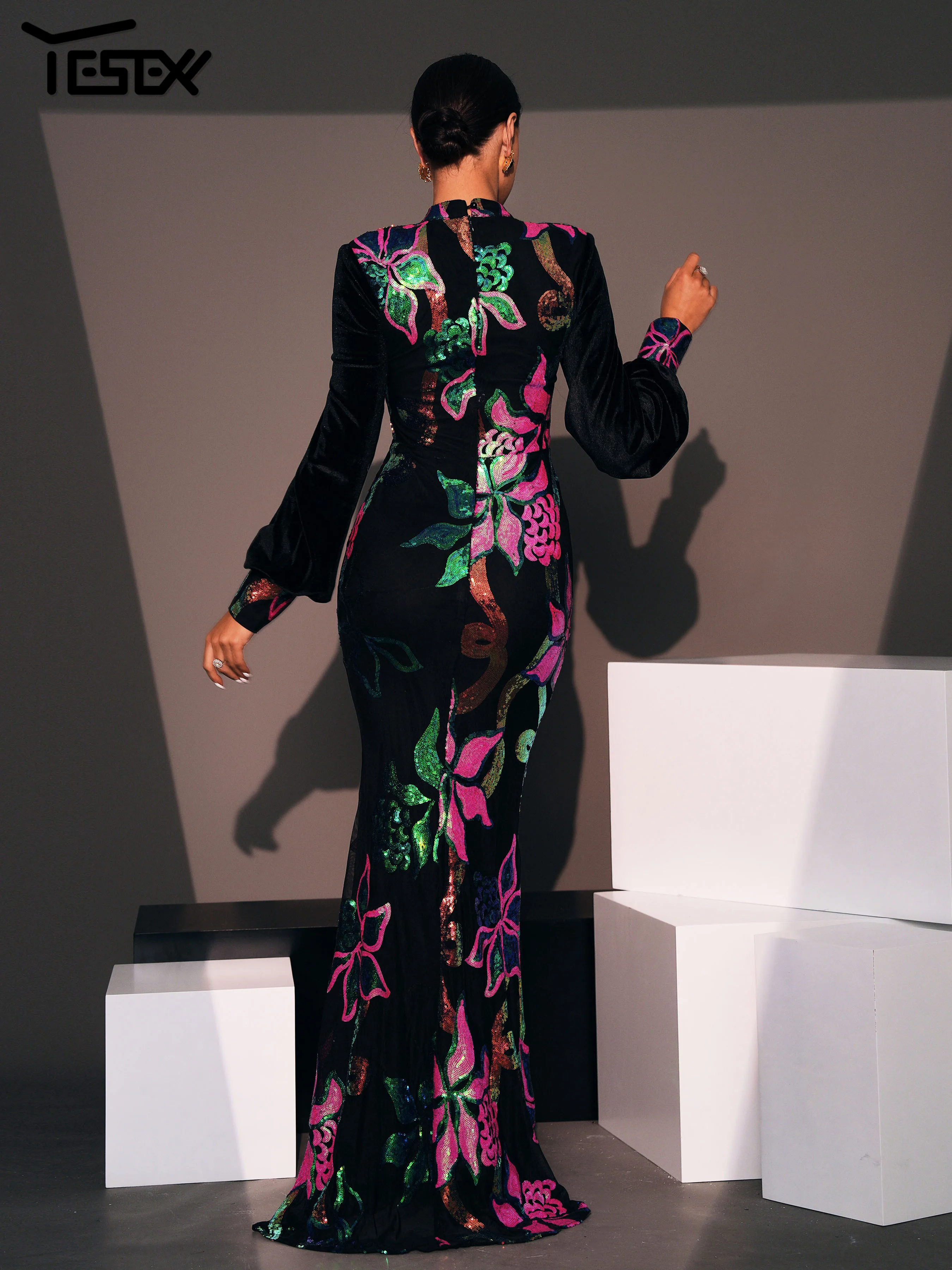 فستان كنيسة Yesexy أسود 2025 برقبة دائرية وأكمام ط...