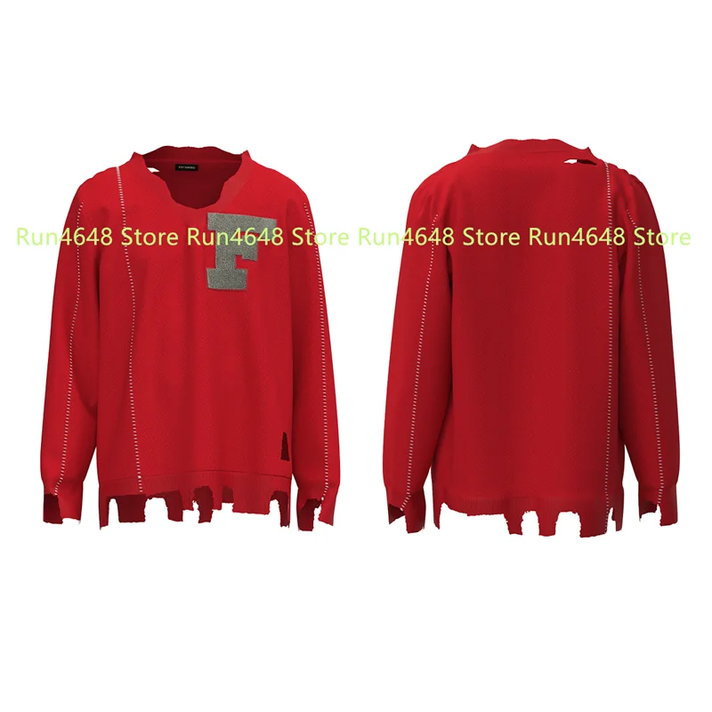 

Red RAF SIMONS Worn Sweater Fashion Men's and Women's 1:1 Flocking Letter Broken RAF SIMONS Knit Pullover