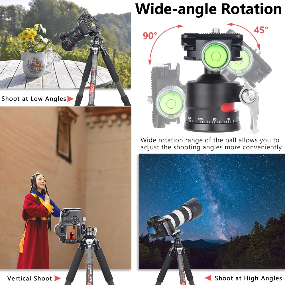 Geehope CE-28 로우 프로파일 삼각대 헤드, Arca Swiss Plate가 있는 DSLR 카메라용 360 ° 파노라마 금속 볼 헤드, 1/4 인치 나사 하중 5kg