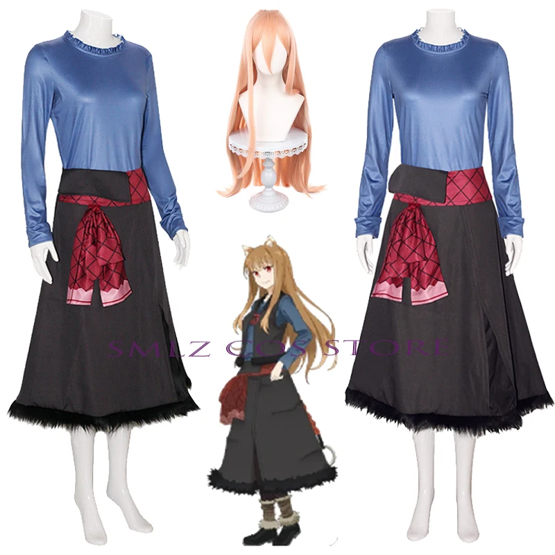 

Holo Cosplay Anime Spice and Wolf Costume Blue Uniform Shirt Dress Wig Set Halloween Party RolePlay Outfit for Women