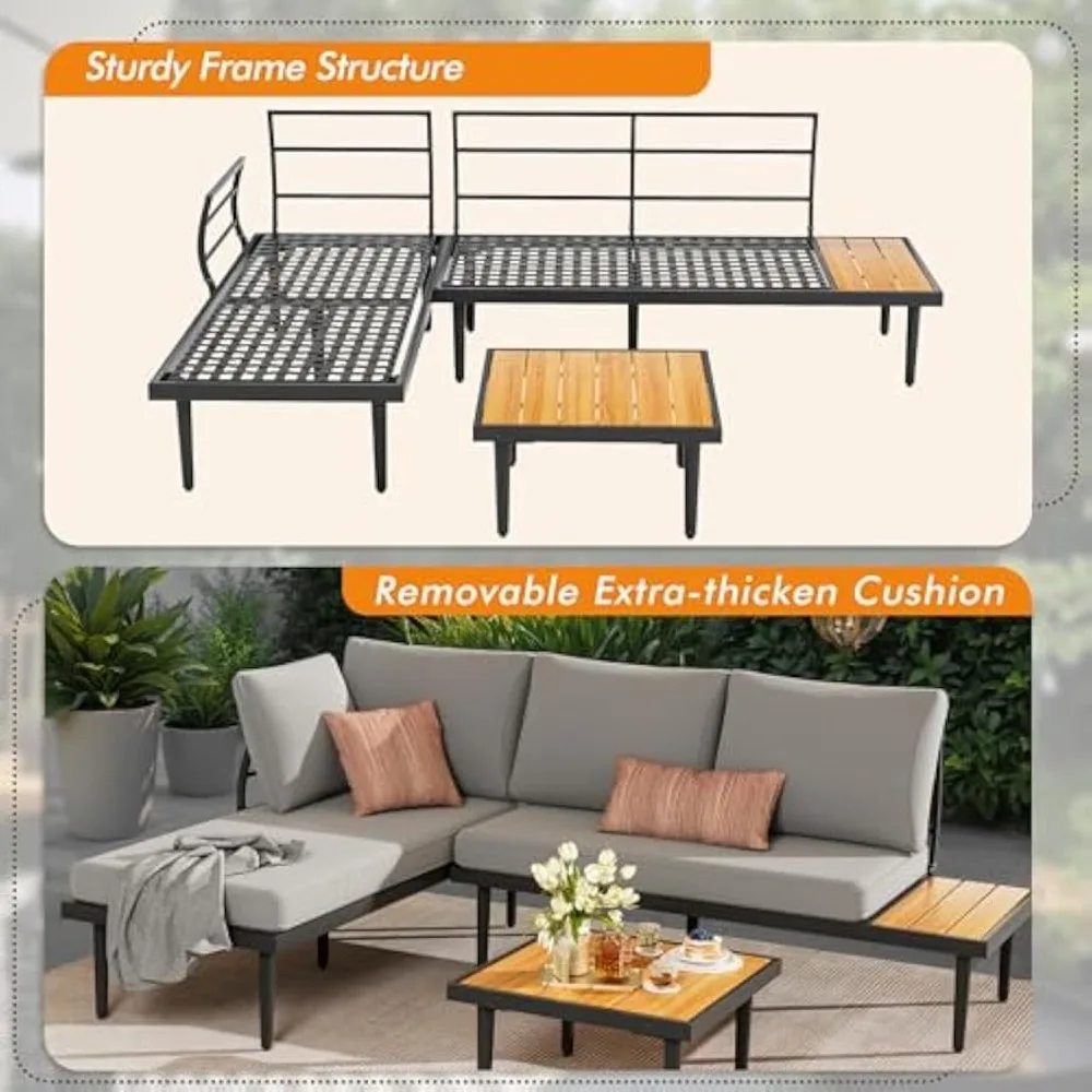 Outdoor Sectional Furniture Patio Sectional Sofa with Acacia Wood Table, Patio L-Shaped Conversation Set with 2