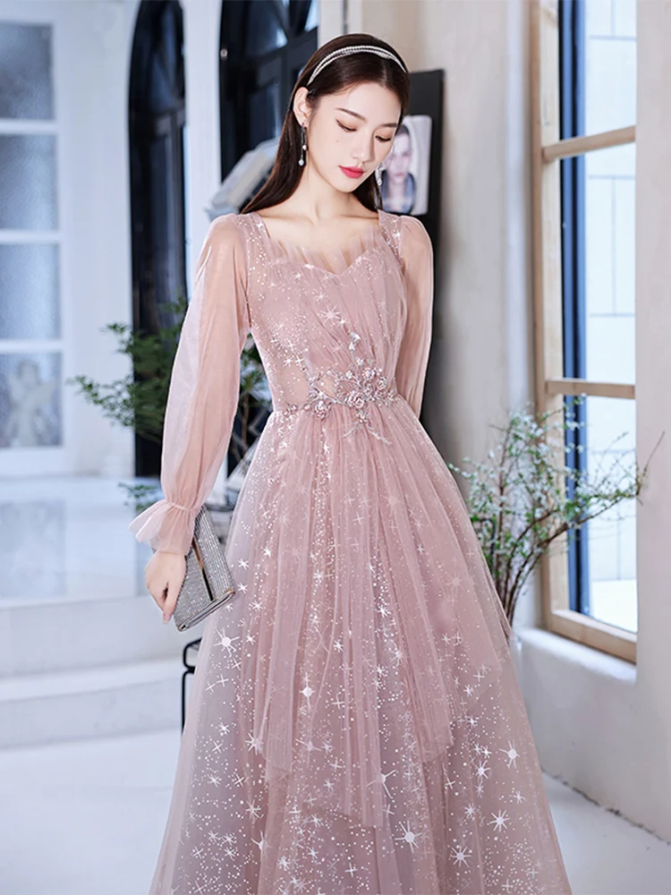 Robe de soiree Pink Shiny Star Prom Gowns Long Sleeves Formal