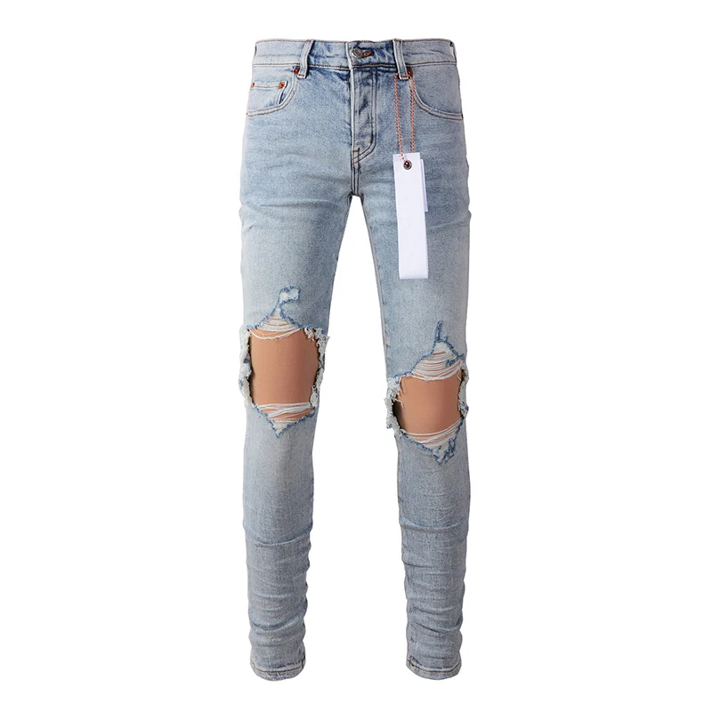 Ripped Jeans Men Classic American Streetwear Distressed Skinny Button Fly Destroyed Holes