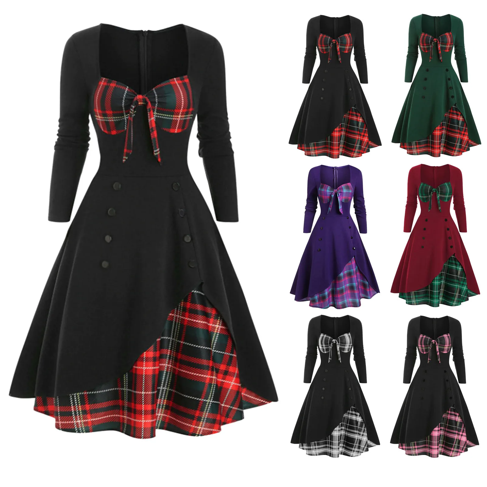 

Women Sexy Vintage Casual Plaid Print Gothic Dress Waist Contrast Splicing Double Gala Pretty Vestidos Para Mujer Feminino Party