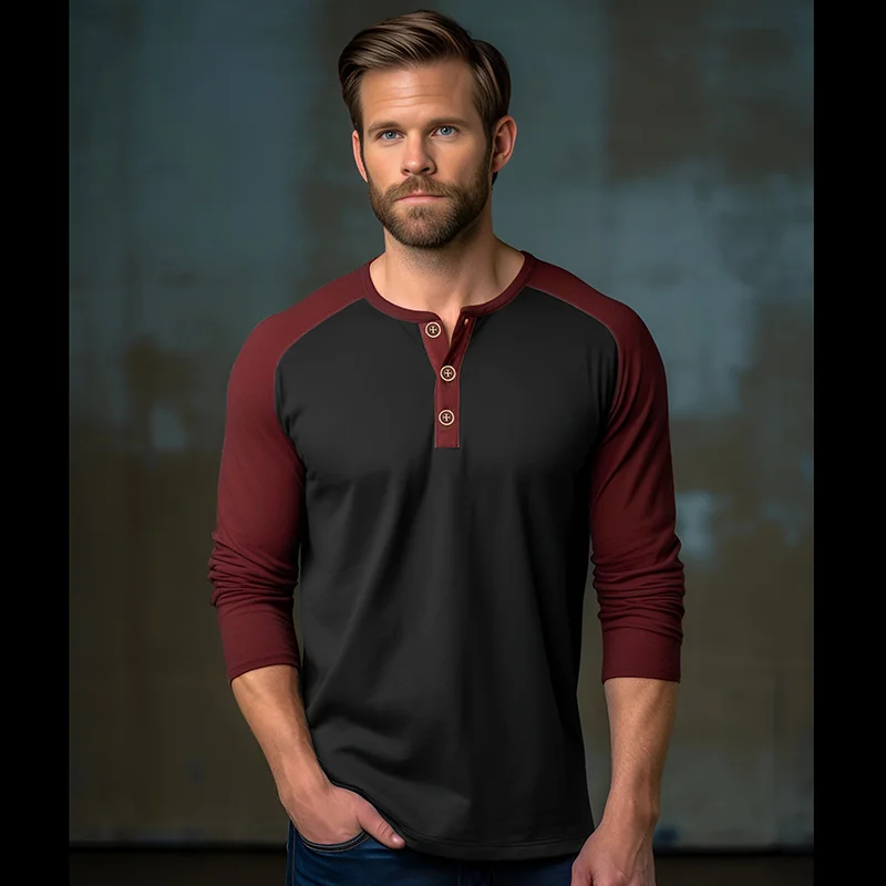 

Wine Red 2023 Henry Long Sleeve T Shirt Men Classic Color Matching Breathable Men's Top Simple Regular Fit Casual Daily Clothing