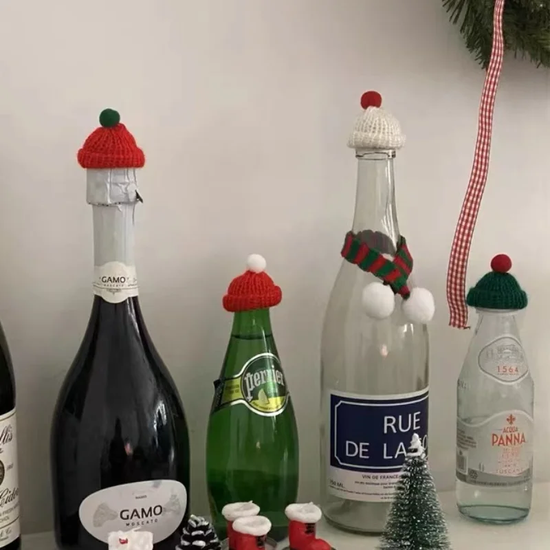 

10 PCS Christmas Decoration 2023 Mini Wool Christmas Red Wine Hat Cute Wine Bottle Holiday Small Props Decorations Liquidations