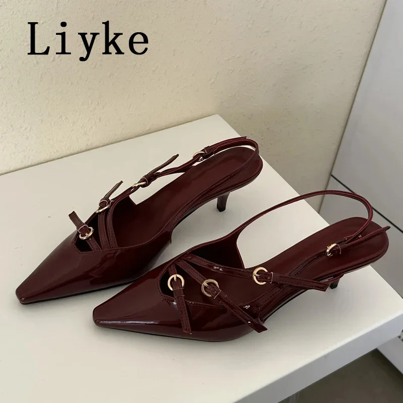 women sandals women pumps shoes Liyke sexy slingbacks narrow band buckle strap pointed toe low thin heels for wedding party mules