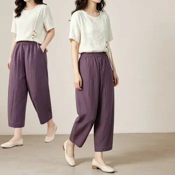 Plus Size Women Linen Wide Leg Pants Summer Cropped Trousers Loose Fit Breathable Elastic Waist Casual Harem Pants 2026