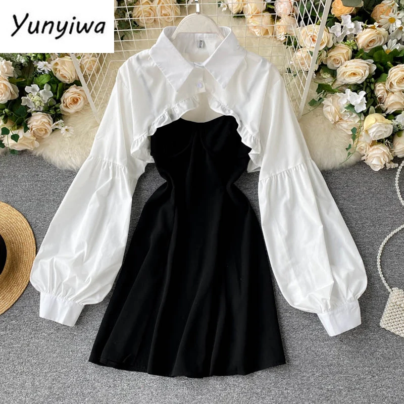 2021 Autumn Women Sexy Black Spaghetti Strap Dress and White Long Sleeve Blouses Crop Tops Korean Fashion Mini Vestidos