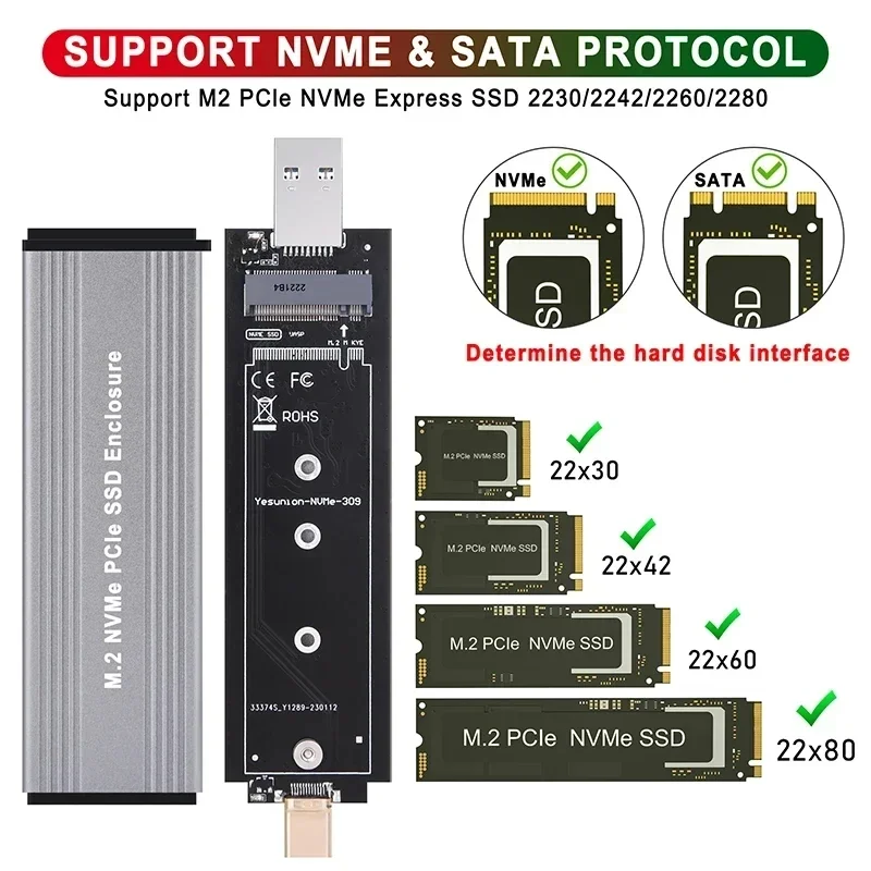 M2 SSD 케이스 듀얼 프로토콜 M.2 NVME NGFF SATA 엔클로저 USB 3.2 타입 C SSD 어댑터 10Gbps NVMe SATA 외장 하드 디스크 박스