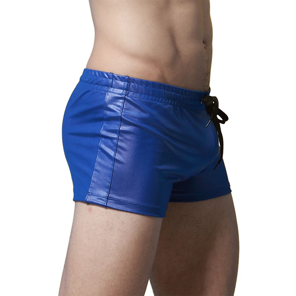 Swimwear Men Faux Patent Leather Swim Boxer Trunks Swimsuits Summer Beach Surfing Shorts Drawstring Swimming Pants