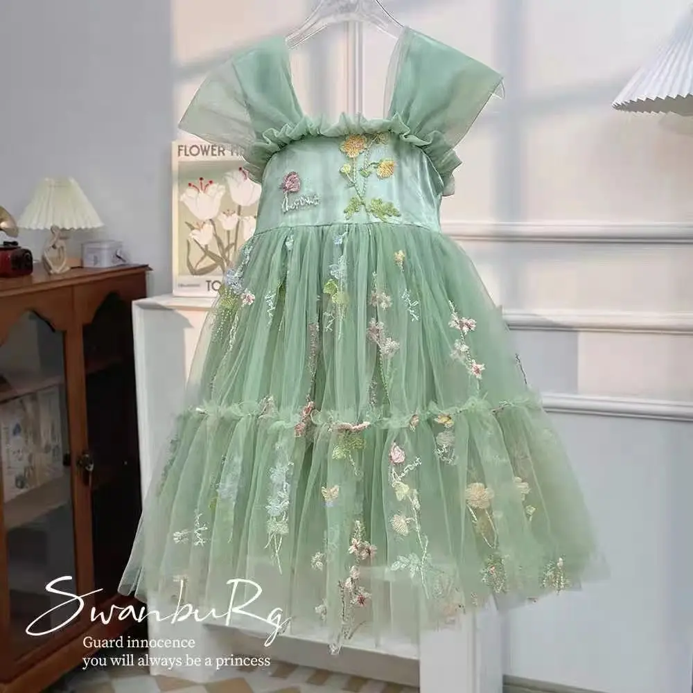 

New Baby Summer Girls Boutique Embroidery Party Dress, Princess Kids Sweet Fashion Dress 3-9T