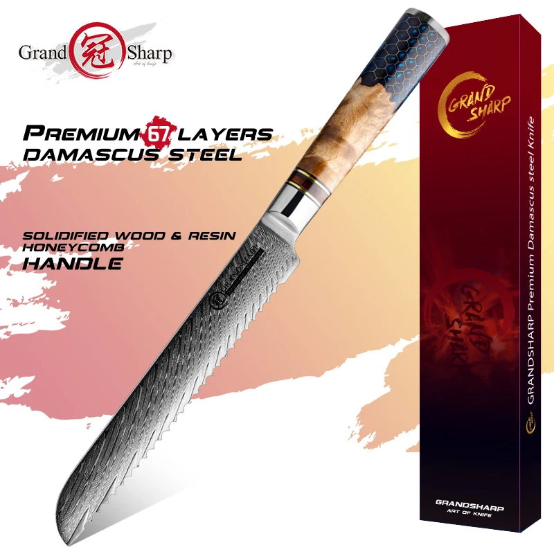 

Kitchen Bread Knife Serrated Design 7.5 Inch Japanese Damascus AUS-10 Steel Blade Cake Cheese Baguette Bakery Cutting Tools NEW