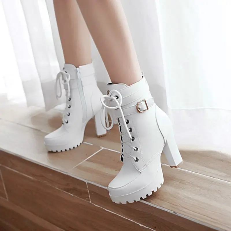 New Women High heels white Boots 10cm Thick High Heel Round head Zipper Mother Shoes Mom Boots Pumps Boots Female classic Shoes