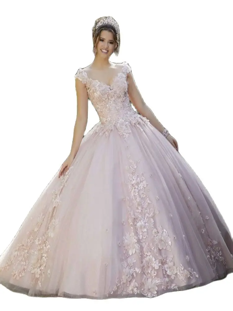 

Light Pink Quinceanera Dress 2022 V-Neck Appliques Sequins Beads Backless Party Princess Sweet 16 Ball Gown Vestidos De 15 Años