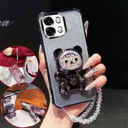 Shockproof Phone Case with Cute Bear Stand and Glitter Chain Lanyard for Oppo A6t Pro (Black)