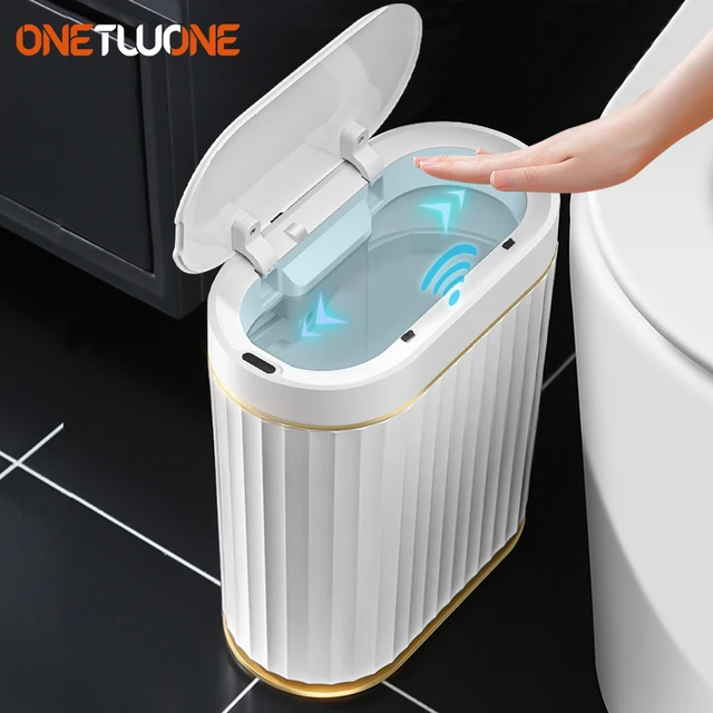 Smart Sensor Trash Can Stripe Golden Edge Waste Bin Bathroom Kitchen Waterproof  Bin Narrow Seam Automatic