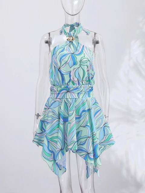 Print Women Dress Backless Mini Dress Halter High Waist Dresses Flared Skirt Hem Waist Shaping Slimming Casual Trendy Street Sty 3