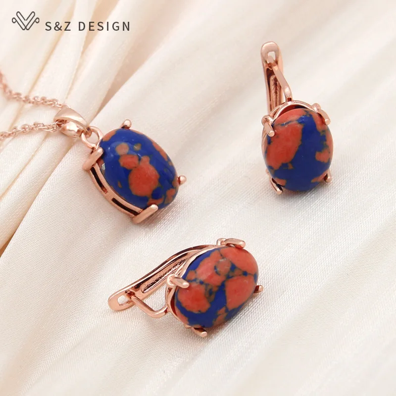 S&Z DESIGN New Oval Synthetic Turquoises Drop Earrings Jewelry Sets For Women Wedding 585 Rose Gold Color Pendant Necklace